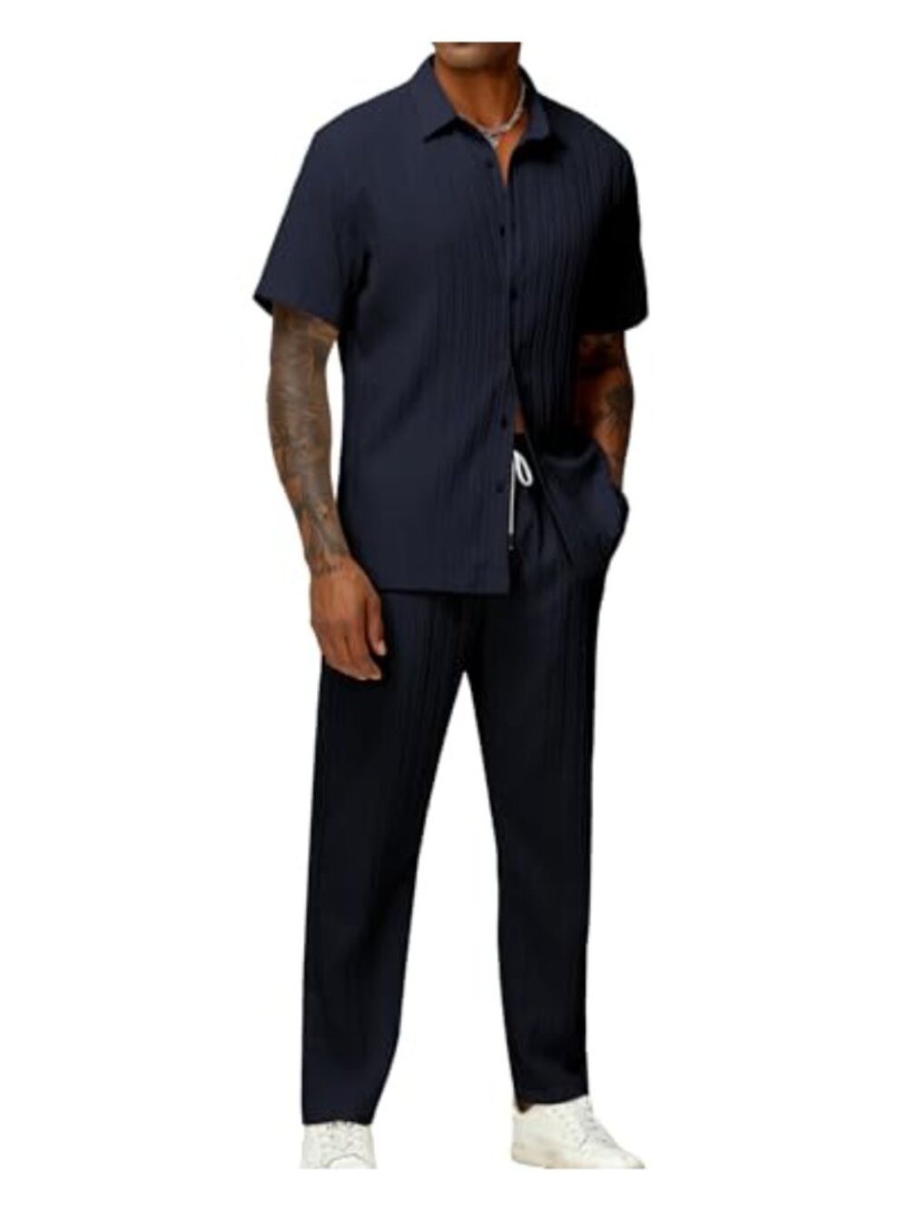 Men's 2pc Vertical Striped Outfit Set Polyester Summer Casual Button Down Shirt